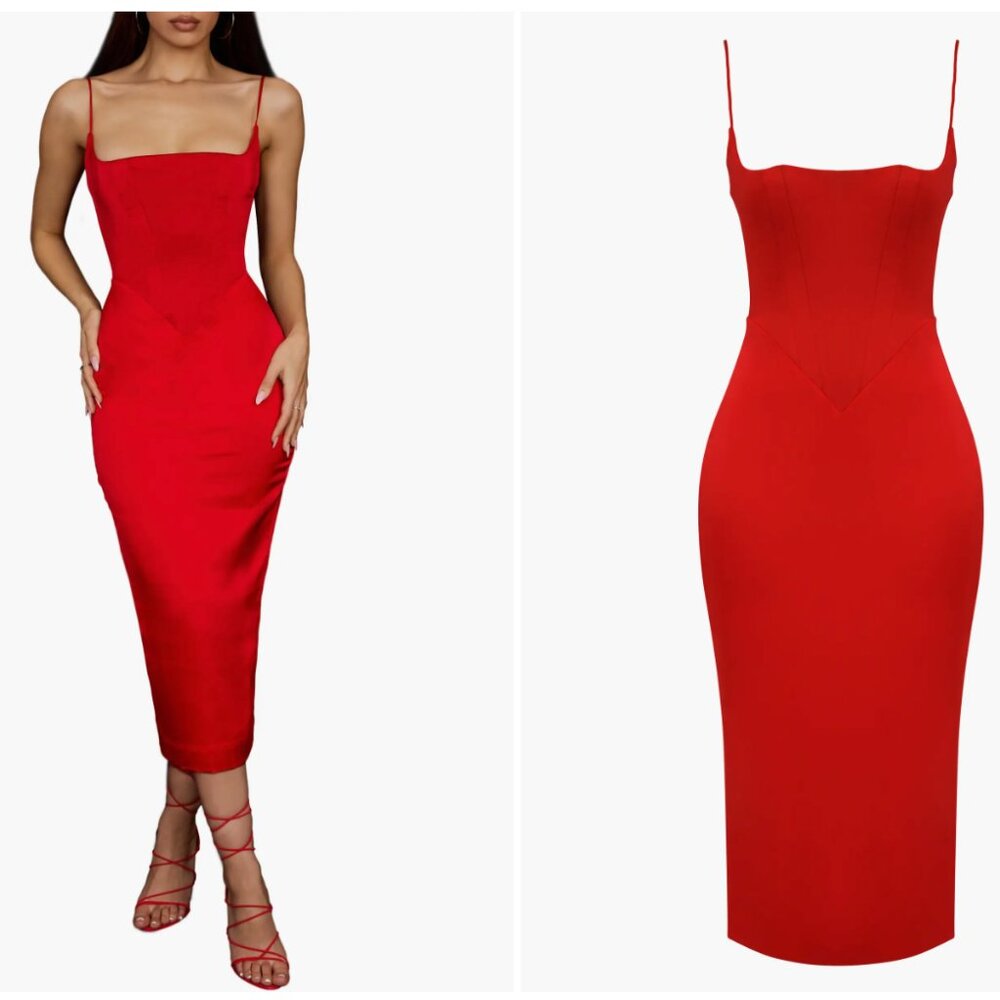 House of CB Anais Satin Corset Midi Dress - Red